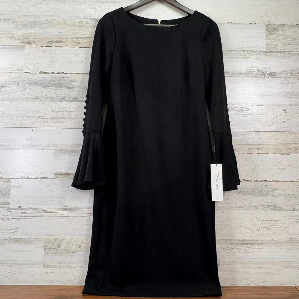 Calvin Klein Sheath Dress 6 Black NEW Bell Sleeve Gold Zipper Chic Capsule LBD